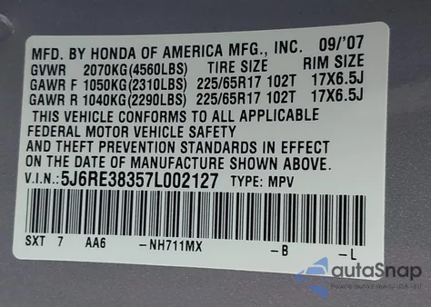 2007 Honda Cr-V Lx from USA, damaged, VIN 5J6RE38357L002127